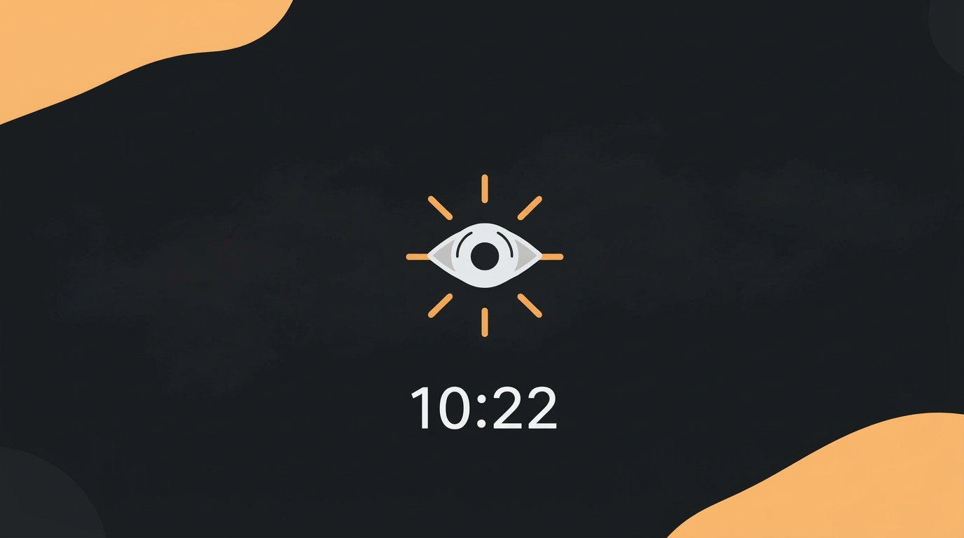 Øyeikon med oransje stråler og tidsvising 10:22 på mørk bakgrunn – sjekk AI-synlighet på minutter